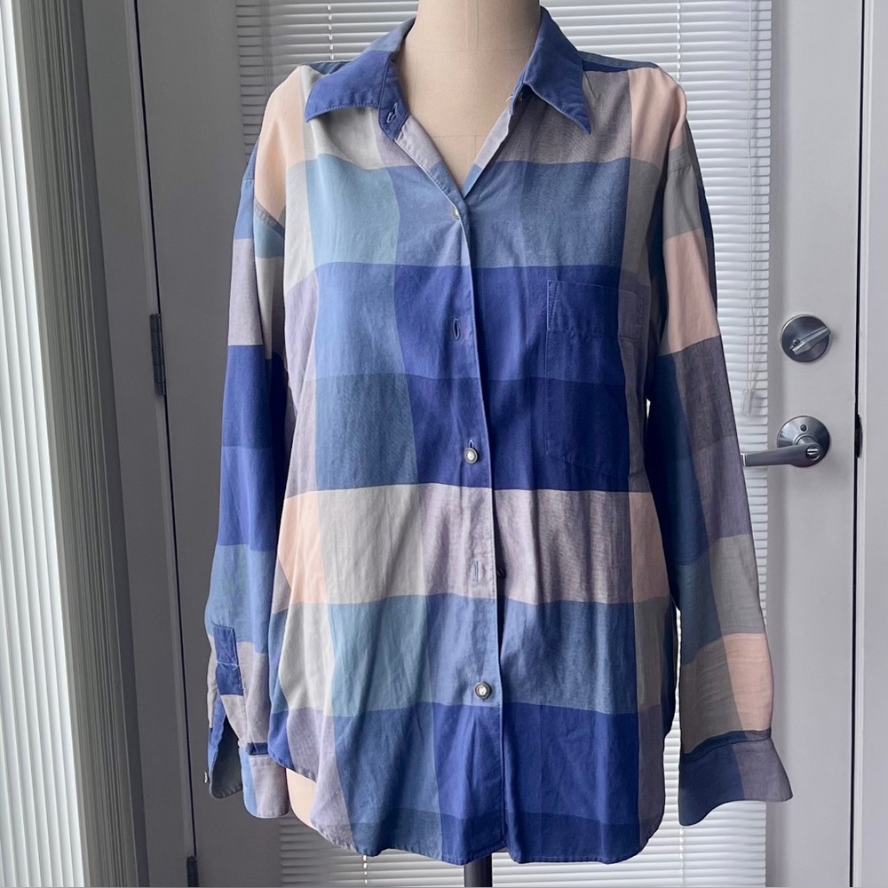 Hunt Club Blue & Tan Plaid Long Sleeve Cotton Button Shirt Size M